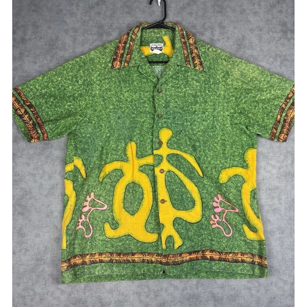 Vintage Napili Hawaiian Shirt Mens XL Green Turtle Tiki Aloha USA Distressed